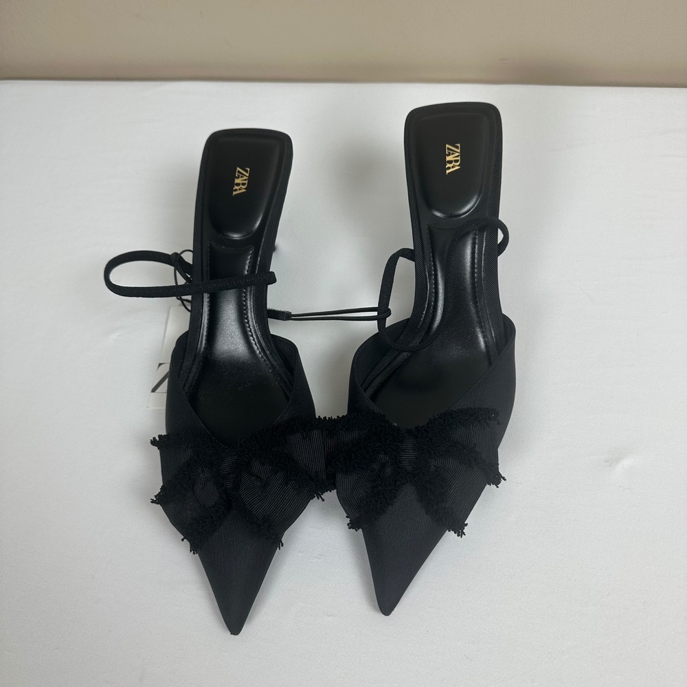 ZARA Black Bow Slingback Heels Women's US 8 EU 39 Pointed Toe NWT 2226/510/800